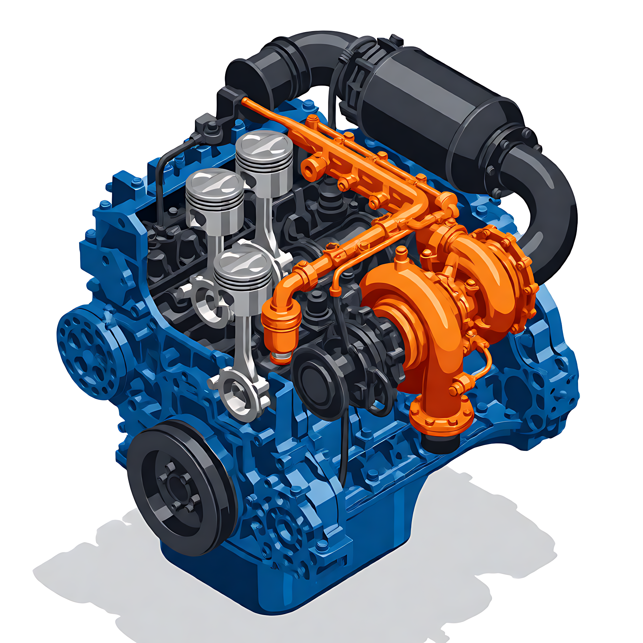 Cutaway view of an excavator diesel engine