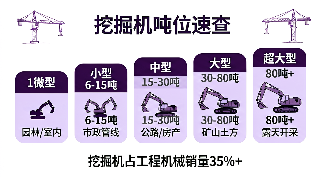 挖掘机吨位分类速查表